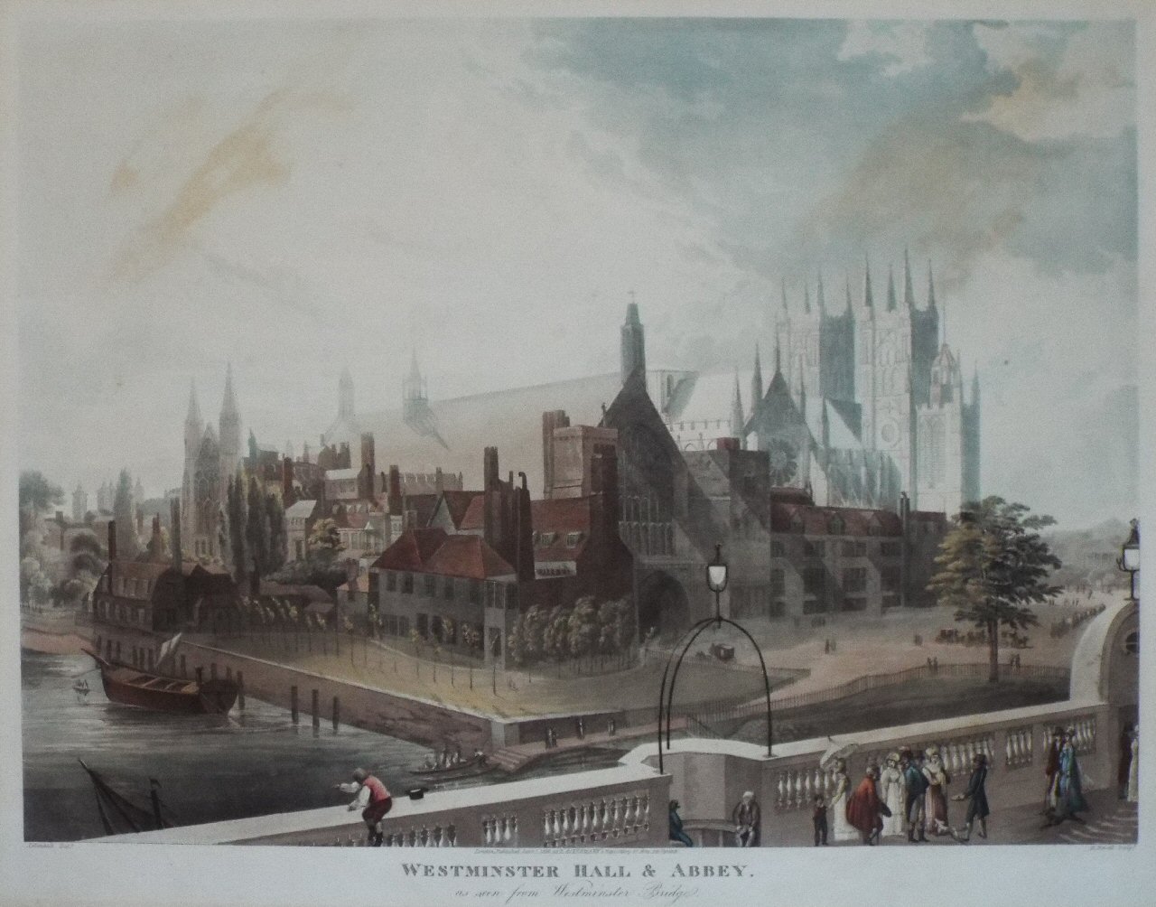 Aquatint - Westminster Hall & Abbey, as seen from Westminster Bridge. - Havell